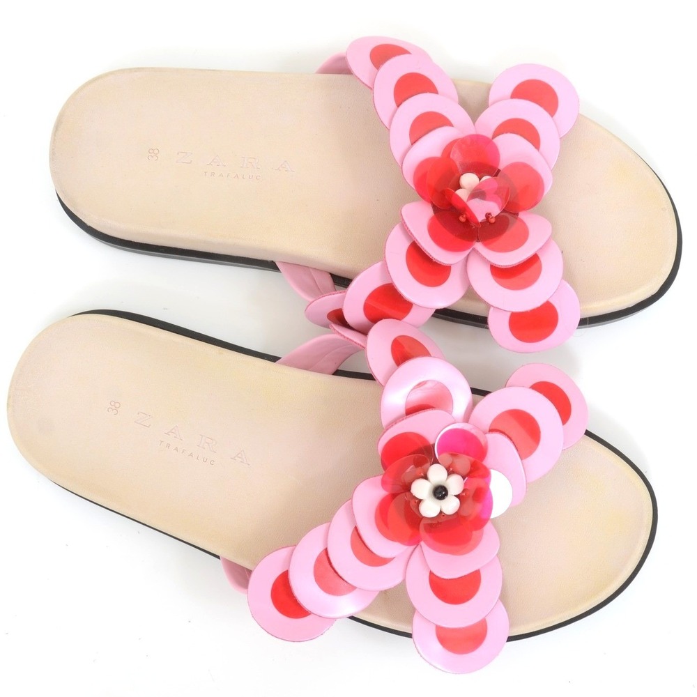 Zara Trafaluc Pink & Red 3D Floral Applique Slide Sandals Women's 7.5 Funky Cute